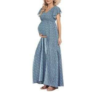 V Neck Floral Maternity Dress for Photoshoot Baby Shower, Flutter Sleeve
